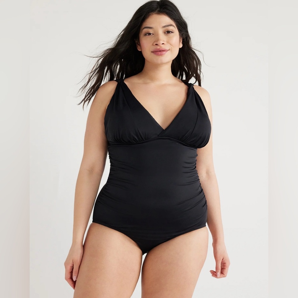 Time and Tru Women's Plunge One Piece Slimming Swimsuit Black Size 16W
